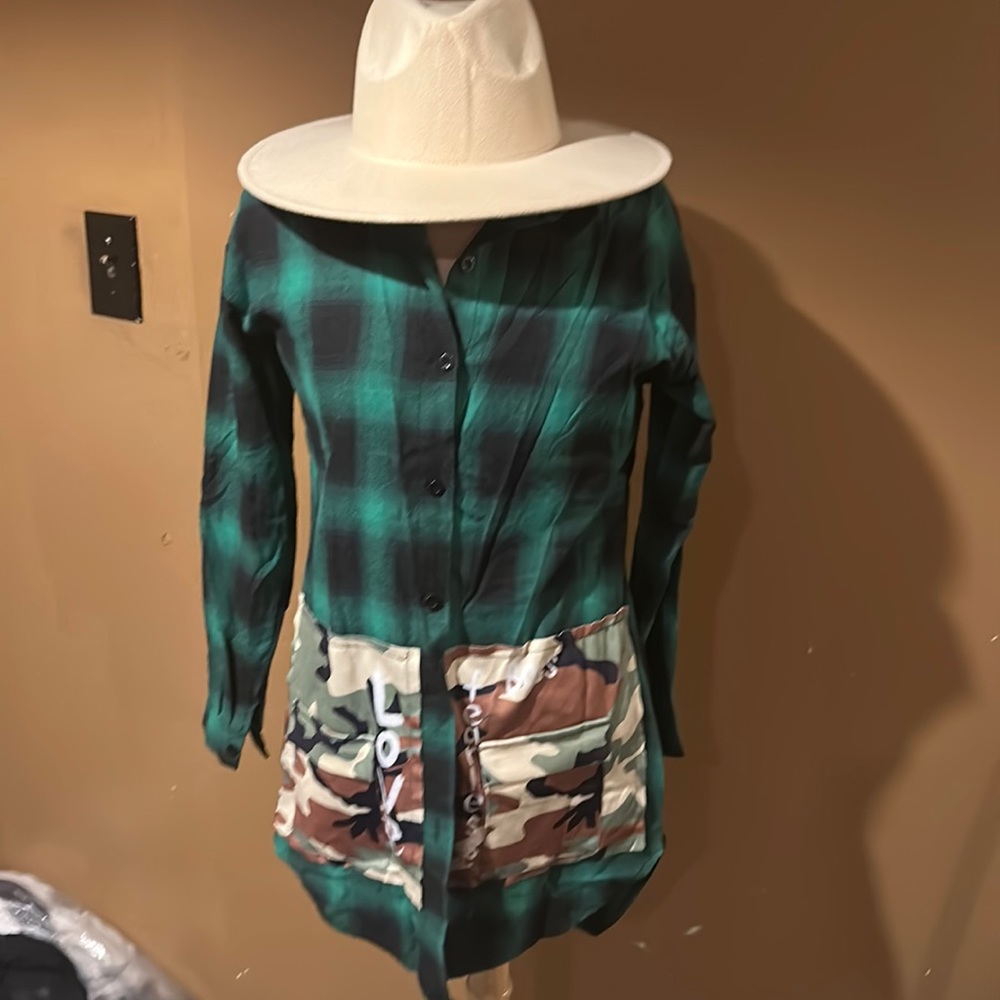 Green and black button up blouse